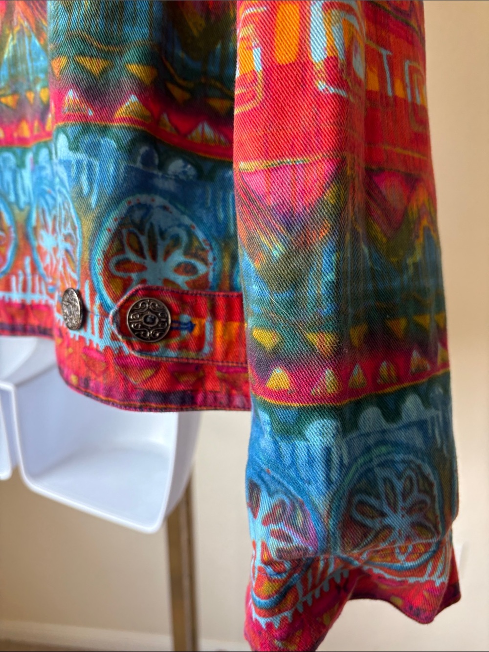 Chico's Multicolor Tribal-Print Jean Jacket - Red, Blue, Green, Pink - Picture 6 of 7